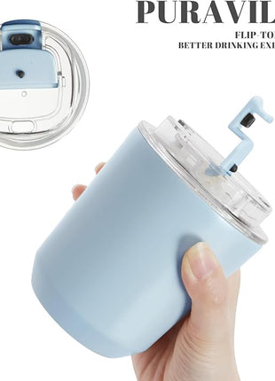 Puraville Insulated Tumblers with Lid, 10 oz Travel Coffee Mug Stainless Steel Vacuum Cup, Leak Proof Reusable Double Walled Coffee Tumbler for Iced and Hot Drinks, Light Blue