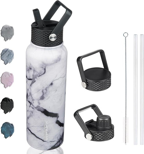 BJPKPK Insulated Water Bottles with Straw Lid, 40oz Stainless Steel Water Bottles with 3 Lids, BPA Free Leakproof Thermo, Tumblers, Cups for Sports, Gym-Carrara Marble