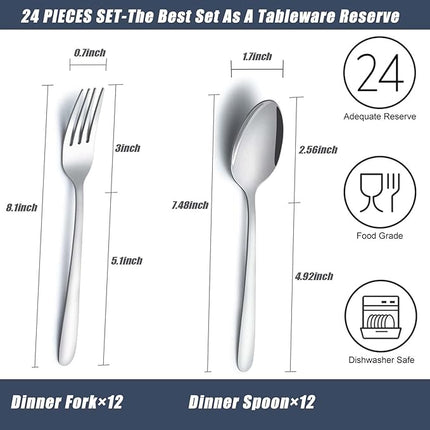 24 Pcs Forks and Spoons Silverware Set, Food Grade Stainless Steel Flatware Cutlery Set for Home, Kitchen and Restaurant, 12 Dinner Forks and Dinner Spoons, Mirror Polished & Dishwasher Safe