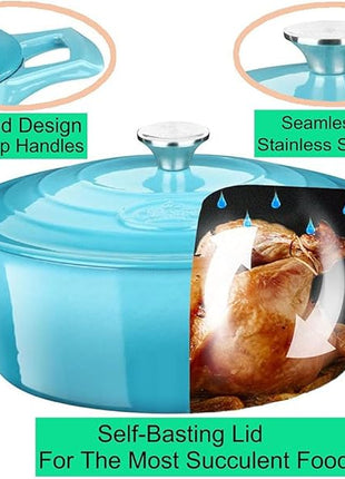 La Cuisine Enameled Cast Iron Oval Dutch Oven Casserole Pot with Lid 5 QT Internal Matte Black Enamel for bread baking, 2-ton Teal Enamel Coating Finish Exterior,Oven Safe up to 500° F