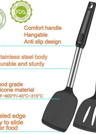 5Pcs Silicone Spatula Heat Resistant Long Large Spatulas Set for Nonstick Cookware, Rubber Pancake Fish Turner Spatula for Kitchen Use Silicone Cooking Kitchen Utensils Set Black