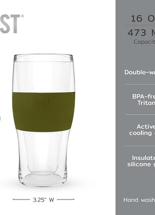 HOST FREEZE Beer Cooling Cups, Frozen Beer Mugs, Freezable Pint Glass Set, Insulated Pint Glass to Keep Your Drinks Cold, Double Walled Insulated Glasses, Gift for Dad,16oz, Set of 2, Olive