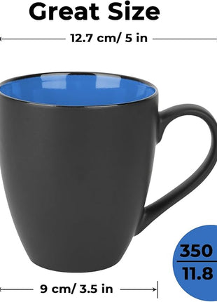 MIAMIO - Set of 6 Stoneware Coffee Mugs 12 Ounce/Cup Set - Le Papillon Collection (Black-Blue)