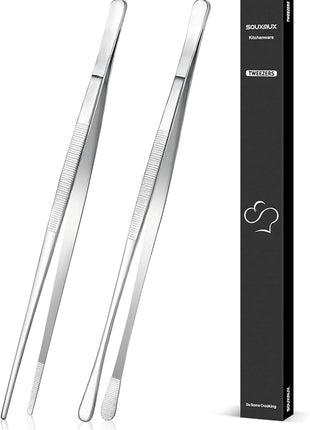 2 Pcs 12-inch Cooking Tweezers Tongs Precision Serrated Tips, Stainless Steel Professional Chef Tweezer Kitchen Tools for BBQ, Plating and Serving（Silver）