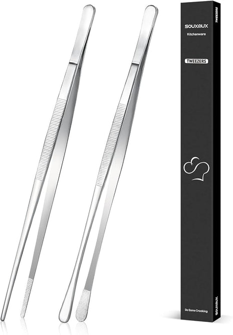 2 Pcs 12-inch Cooking Tweezers Tongs Precision Serrated Tips, Stainless Steel Professional Chef Tweezer Kitchen Tools for BBQ, Plating and Serving（Silver）