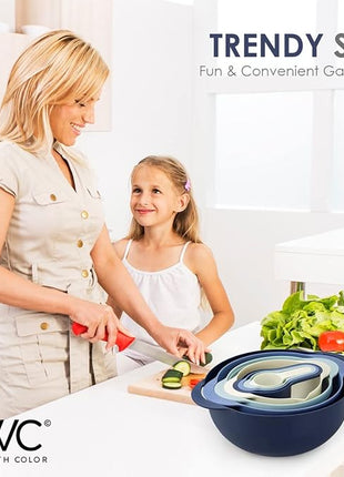 COOK WITH COLOR Nesting Bowls with Measuring Cups Colander and Sifter Set - Includes Mixing Bowls, Colander, Sifter and Measuring Cups, Blue Ombre, 8 Pc Bowl