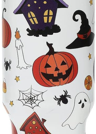 Bioworld Halloween Scary Icons 40 Oz Vacuum Insulated White Stainless Steel Tumbler with Handle & Leak-Proof Lid, Double-Wall Design for Hot or Cold Drinks