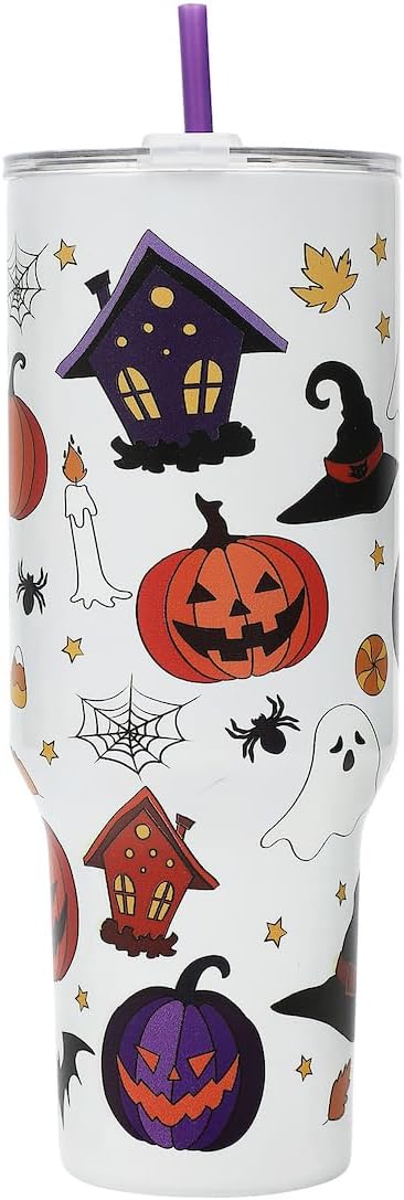 Bioworld Halloween Scary Icons 40 Oz Vacuum Insulated White Stainless Steel Tumbler with Handle & Leak-Proof Lid, Double-Wall Design for Hot or Cold Drinks