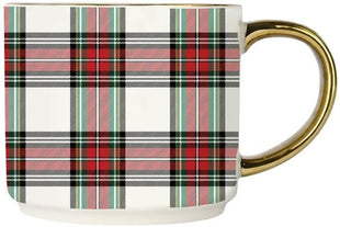 Sweet Water Decor White Plaid Coffee Mug, 14oz China Christmas Mug with Gold Handle, Large Holiday Winter Cup for Coffee, Tea & Hot Chocolate, Stocking Stuffer Gifts for Women