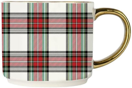 Sweet Water Decor White Plaid Coffee Mug, 14oz China Christmas Mug with Gold Handle, Large Holiday Winter Cup for Coffee, Tea & Hot Chocolate, Stocking Stuffer Gifts for Women