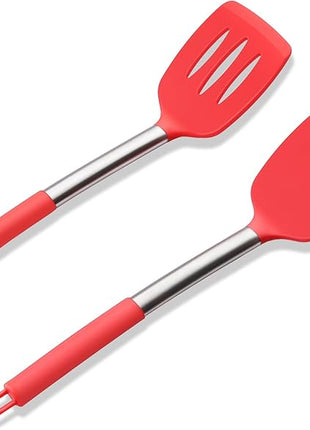 Silicone Spatula Set of 2, E-far Solid & Slotted Turner for Nonstick Cookware, Heat Resistant Rubber Kitchen Cooking Utensils for Flipping Fish Pancake Egg - Red