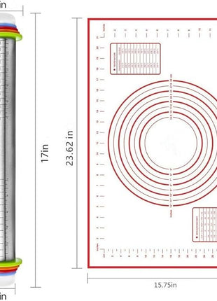 Rolling Pin nonstick and Silicone Baking Pastry Mat combo kit, Adjustable Rolling Pin With Thickness Rings for Baking Fondant, Pizza, Pie, Pastry, Pasta, Dough, Cookies (red)