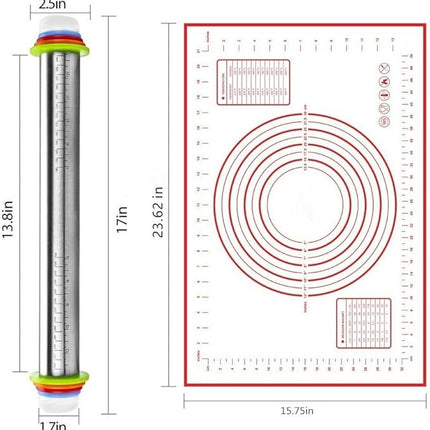 Rolling Pin nonstick and Silicone Baking Pastry Mat combo kit, Adjustable Rolling Pin With Thickness Rings for Baking Fondant, Pizza, Pie, Pastry, Pasta, Dough, Cookies (red)