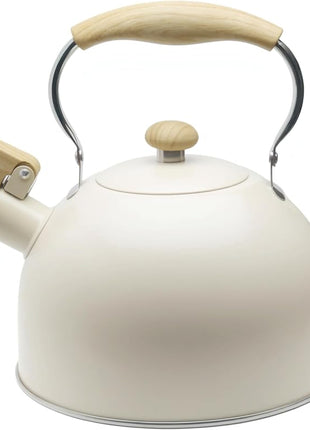 Lily's Home Whistling Tea Kettle, Teapot for Stovetop, Pleasant Whistle Sound, Heat Resistant Plastic Handle - Faux Wood Finish, Non Toxic Stove Kettle for Boiling Water - 2.5 Quarts (Cream)
