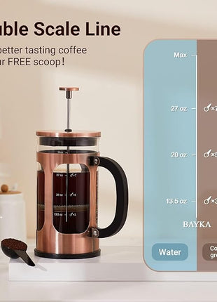 BAYKA 34oz 1 Liter French Press Coffee Maker,Mothers Day Gifts for Mom,Coffee Lover Gift,Heat Resistant Thickened Borosilicate Glass Stainless Steel Brewer,Cold Brew Cafetera Teapot for Kitchen,Copper
