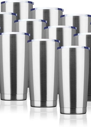 20oz Tumbler Bulk Stainless Steel Vacuum Insulated Tumblers with Lid Double Wall Travel Mug, Powder Coated Coffee Cup, Suitable for Ice Drinks and Hot Beverage (Stainless steel 12pack)