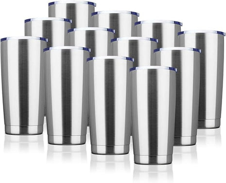 20oz Tumbler Bulk Stainless Steel Vacuum Insulated Tumblers with Lid Double Wall Travel Mug, Powder Coated Coffee Cup, Suitable for Ice Drinks and Hot Beverage (Stainless steel 12pack)
