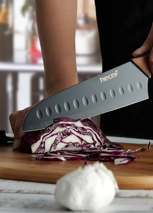 hecef Vintage Kitchen Knife Set, Stainless Steel Non-stick Black Coated Knives with Extra Sheaths, Includes Chef, Bread, Santoku, Utility and Paring Knife
