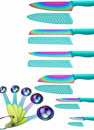 Knife Set with Spoons, KYA37B Knife Sets with Blade Guards and Measuring Spoons, Marco Almond® Rainbow Color 17-Piece Stainless Steel Kitchen Knives Set with Covers