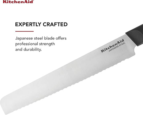 KitchenAid Classic Serrated Bread Knife with Custom-Fit Blade Cover, 8-inch, Sharp Kitchen Knife, High-Carbon Japanese Stainless Steel Blade, Black