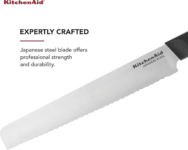 KitchenAid Classic Serrated Bread Knife with Custom-Fit Blade Cover, 8-inch, Sharp Kitchen Knife, High-Carbon Japanese Stainless Steel Blade, Black