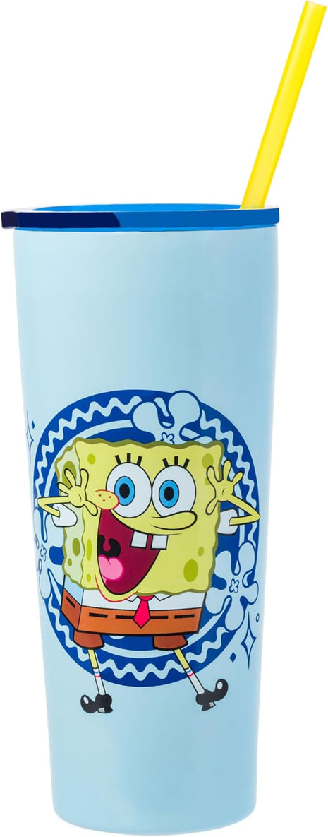 Silver Buffalo Spongebob Squarepants Happy Jazz Hands Double Walled Stainless Steel Tumbler with Straw, 22 Ounces
