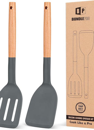 Pack of 2 Silicone Cooking Spatula, Heat Resistant Solid Turner, Non Stick Slotted Spatulas with Wooden Short Handle,Ideal Wood Kitchen Utensils Set for Frying, Baking, Flipping, Turning