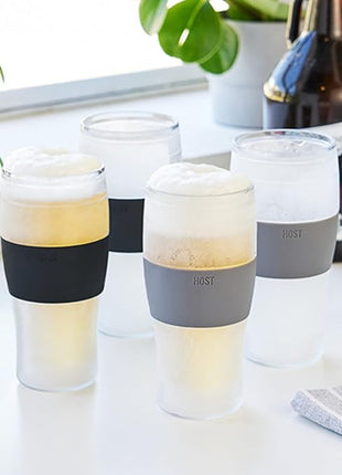 Host Freeze Beer Glasses, 16 ounce Freezer Gel Chiller Double Wall Plastic Frozen Pint Glass, Set of 4, Black and Grey