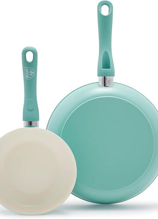 GreenLife Non Stick Fry Pan Set (7" & 10"), Non-Toxic PFAS-Free Ceramic Skillets, Dishwasher & Oven Safe, Egg Omelet Frying Pans, Stay- Cool Handles, Kitchen Home Cooking Essentials, Turquoise