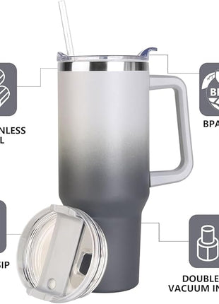 SYACOT 40 oz Tumbler with Handle and Straw Stainless Steel Insulated Tumbler Leak Proof Lid and Straw Lid Reusable Travel Mug Coffee Mug Cup Dishwasher Safe Keep Drinks Cold and Hot (Grey&Black)
