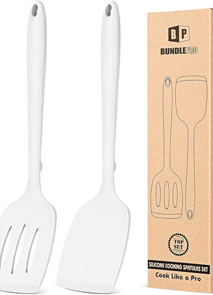 Pack of 2 Silicone Spatula Turners, Non Stick Slotted Kitchen Spatula Set, Heat Resistant BPA Free Kitchen Utensils, One-Piece Design, Suitable for Flipping Fish, Eggs, Steak, Pancakes (WHITE)