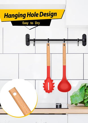 Silicone Pasta Fork and Ladle Spoon Set with Wooden Handle, Heat Resistant Non Stick Kitchen Utensils for Cooking, Stirring, Serving Spaghetti, Soup, Sauce(RED)