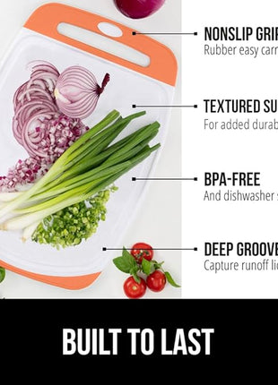 GORILLA GRIP BPA-Free Reversible Kitchen Cutting Board Set of 3 US Designed, Nonporous, Juice Grooves Catch Liquid, Slip Resistant Border, Dishwasher Safe Large Food Chopping Boards, Lime Orange Lemon