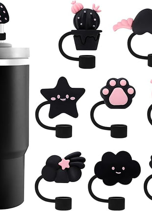 Black Straw Covers Cap for Stanley Cup, 8 Pcs Straw Toppers for Stanley 30&40 Oz Tumbler, Cute Straw Caps Reusable Straw Tips Protectors for 0.4 Inch/10 mm Stanley Cup Accessories