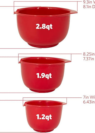GLAD Mixing Bowls with Pour Spout, Set of 3 | Nesting Design Saves Space | Non-Slip, BPA Free, Dishwasher Safe Plastic | Kitchen Cooking and Baking Supplies, Red