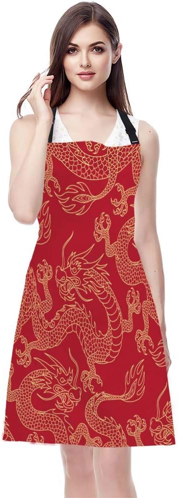 EKOBLA Dragon Aprons Chinese Traditional Culture Tattoo Power Symbol Flying Mascot Animal Waterproof Resistant Chef Cooking Kitchen BBQ Adjustable Aprons for Women Men 27x31 Inch