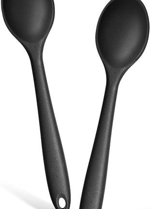 E-far Silicone Cooking Spoon Set of 2, Heat Resistant Kitchen Spoons Utensils Nonstick Mixing Spoon for Baking Stirring Serving, Non-Toxic & Dishwasher Safe (Black)