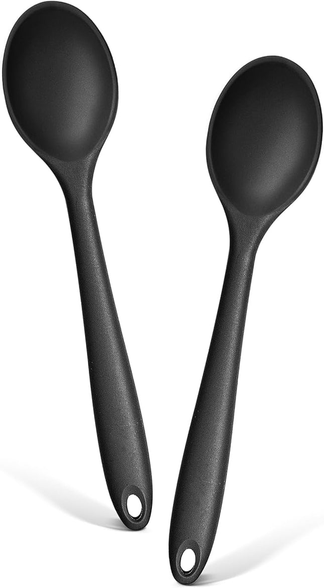 E-far Silicone Cooking Spoon Set of 2, Heat Resistant Kitchen Spoons Utensils Nonstick Mixing Spoon for Baking Stirring Serving, Non-Toxic & Dishwasher Safe (Black)