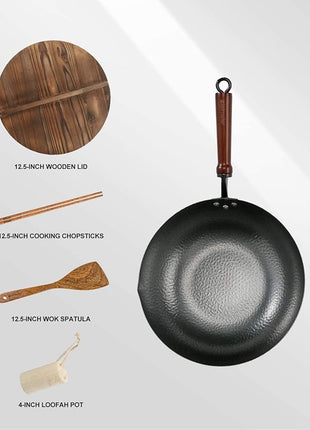 BIELMEIER Wok Pan 12.5", Woks and Stir Fry Pans with lid, Carbon Steel Wok with Cookware Accessories, Flat Bottom Suits for all Stoves