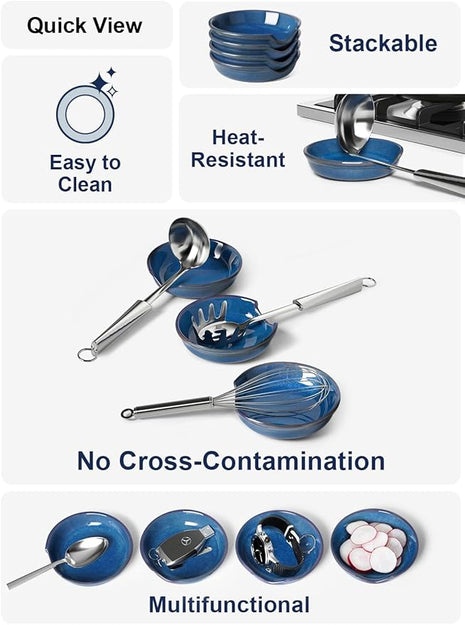 LE TAUCI Ceramic Spoon Rest for kitchen, 4.8 Inches Spoon Holder for Stove Top, Coffee Spoon Rest, Spoon Cradle, Kitchen Basics, Kitchen Accessories For Utensils, Set of 4, Ceylon blue