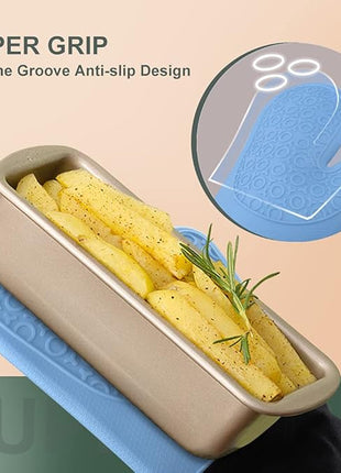 sungwoo Extra Long Silicone Oven Mitts, Heat Resistant Oven Gloves with Quilted Liner Non-Slip Textured Grip Perfect for BBQ, Baking, Cooking and Grilling - 1 Pair 14.6 Inch Sky Blue & Black