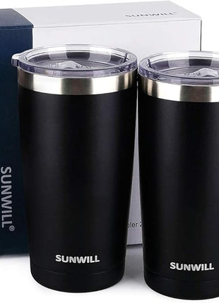 SUNWILL Travel Coffee Mug with Lid, 20 oz Tumbler Set of 2, Insulated Stainless Steel Cup for Water, Tea, Ice, Powder Coated Black 2 pack