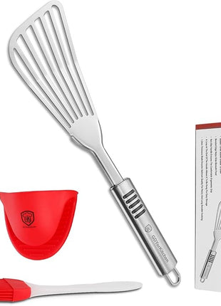 Stainless Steel Fish Spatula with 1.2mm Thick Blade - Multipurpose Turner for Fish, Eggs, Meat, and Dumplings - Perfect for Grilling, Frying, and More - Bonus Silicone Brush and Oven Mitt - Set of 1