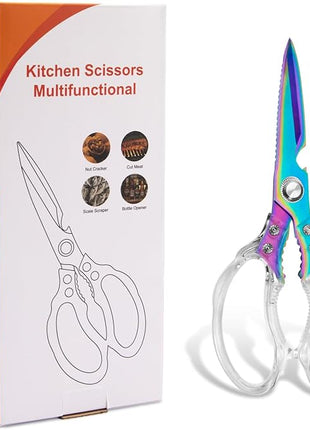 CGBE Kitchen Scissors, Multi-Purpose Kitchen Shears, Heavy Duty Dishwasher Safe Food Scissors for Chicken, Poultry, Fish, Meat & Herbs with Non-Slip Grips (Transparent Colorful)