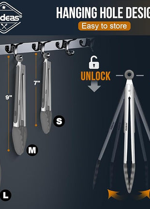 Kitchen Tongs with Silicone Tips - Heat Resistant 600 Degrees Stainless Steel Locking Cooking Tongs with Rubber Tips, Non-Stick Food Tongs for Cooking, Heavy Duty, Set of 3-7" 9" and 12" Grey