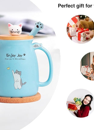 Cute Cat Cup Ceramic Coffee Mug with Kawaii Cat Wooden Lid, Lovely Stainless Steel Spoon, Anime Kitty Thicken Wooden Coaster, Christmas Birthday Cute Thing Japanese Mug 16oz (Blue)