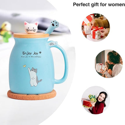 Cute Cat Cup Ceramic Coffee Mug with Kawaii Cat Wooden Lid, Lovely Stainless Steel Spoon, Anime Kitty Thicken Wooden Coaster, Christmas Birthday Cute Thing Japanese Mug 16oz (Blue)