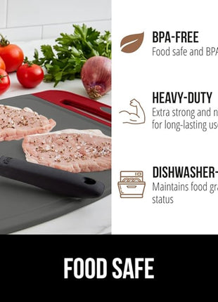 GORILLA GRIP BPA-Free Reversible Kitchen Cutting Board Set of 3, US Designed, Nonporous, Juice Grooves Catch Liquid, Slip Resistant Border, Dishwasher Safe, Durable Large Food Chopping Boards Red Gray