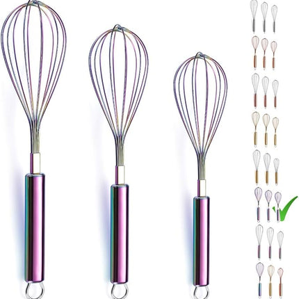 Berglander Rainbow Whisk Pack of 3 Stainless Steel 8",10",12", Titianium Plating Colorful Whisk for Cooking, Beater,Wire Whisk Set Kitchen Wisk (Rainbow)