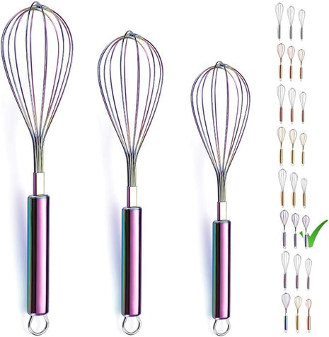Berglander Rainbow Whisk Pack of 3 Stainless Steel 8",10",12", Titianium Plating Colorful Whisk for Cooking, Beater,Wire Whisk Set Kitchen Wisk (Rainbow)